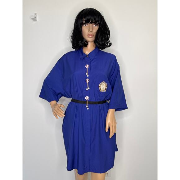 Vintage Gina Royal Blue Cameo Blouse / dress Pearl & Gold Chain Accents Medium - Picture 2 of 16